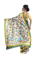 Pure Bishnupuri Silk Saree With Diagonal Stripes Pattern Hand Floral Print And Contrast Color Border - With Silk Mark (KR2218)